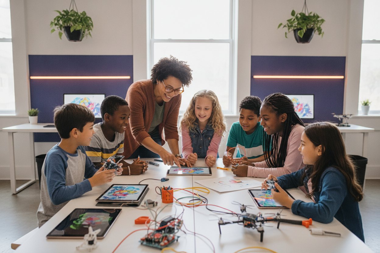 A mentor guiding a small group of kids around a worktable in a bright studio.