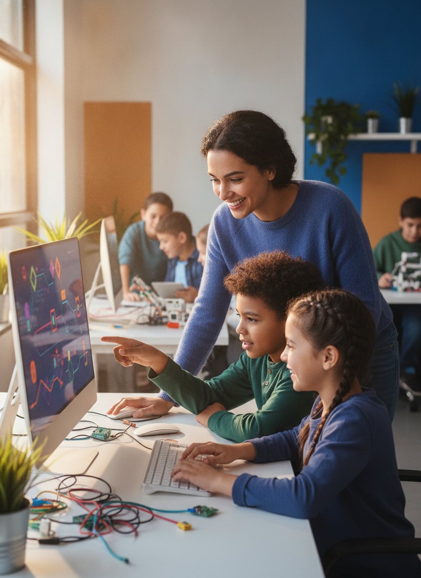 A mentor helping two focused kids build a video game on a computer in a bright studio.